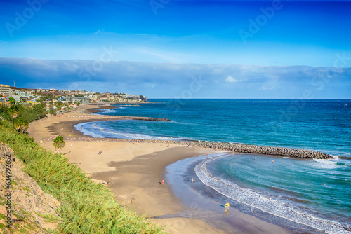 The Canary Islands Ideas. Picturesque View of Playa del Ingles Beach in Maspalomas at Gran Canaria in Spain