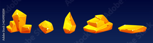 Gold mine nugget and rock - cartoon vector illustration set of small and big golden gem stones. Solid natural treasure. Shiny golden crystals for game currency. Pieces of yellow ore raw materials.