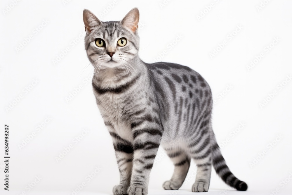 American Shorthair Cat Stands On A White Background