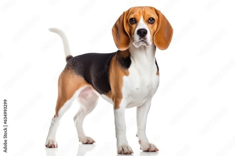Beagle Dog Stands On A White Background