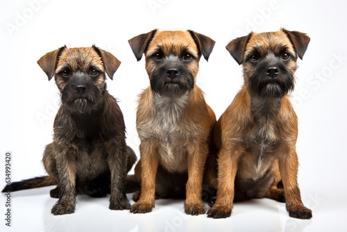 Border Terrier Family Foursome Dogs Sitting On A White Background