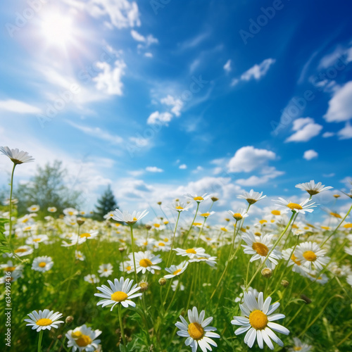 A beautiful, sun-drenched spring summer meadow. Natural colorful panoramic landscape with many wild flowers of daisies against blue sky, 
AI generator