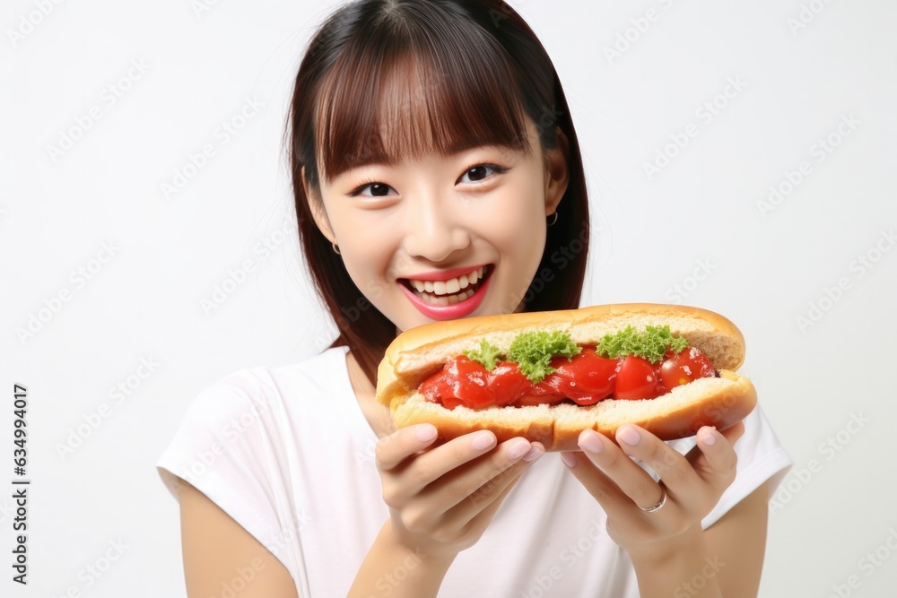 Happy Asian Girl Holds Hot Dog On White Background