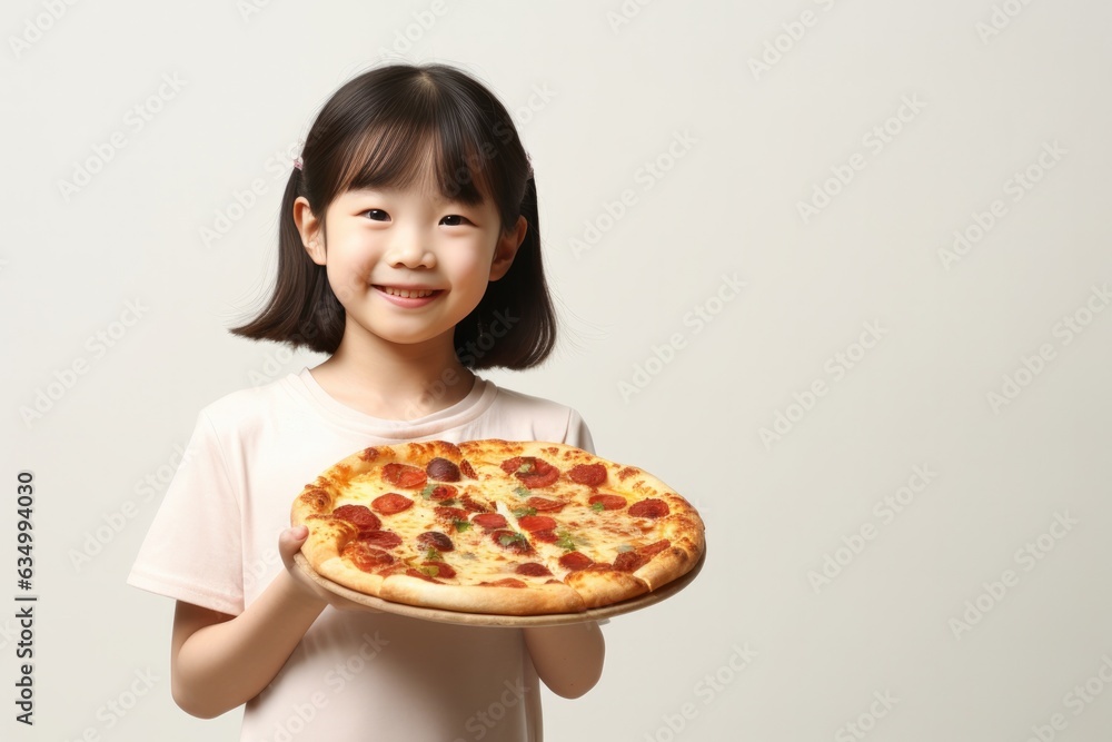 Happy Asian Girl Holds Pizza On White Background