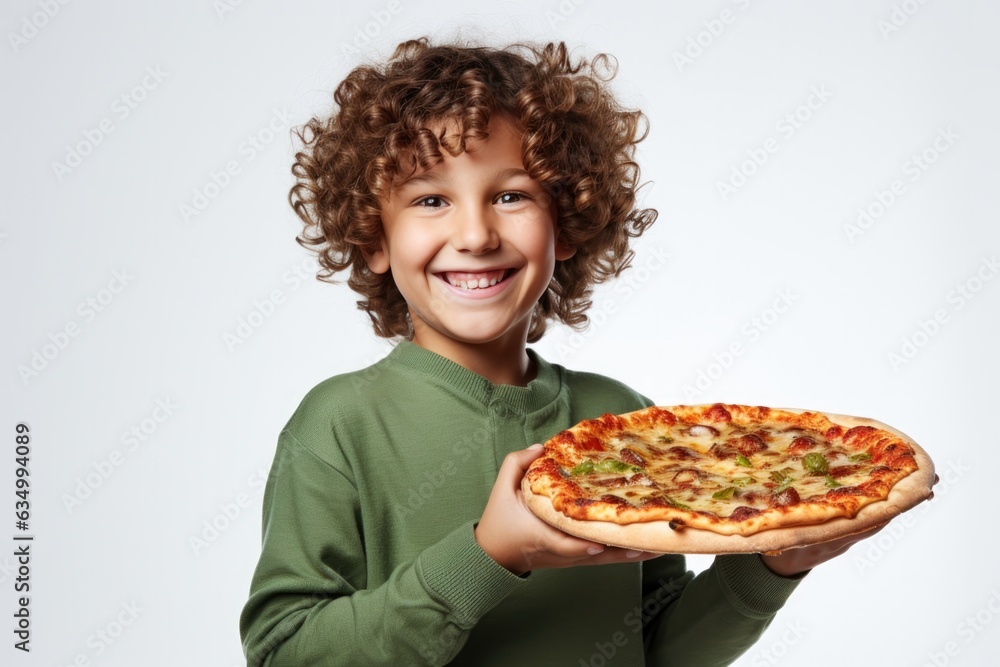 Happy Boy Holds Pizza On White Background