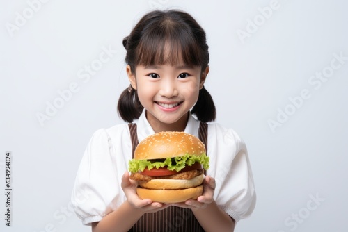 Happy Asian Girl Holds Burger On White Background