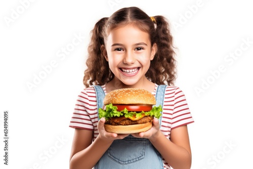 Happy Girl Holds Burger On White Background