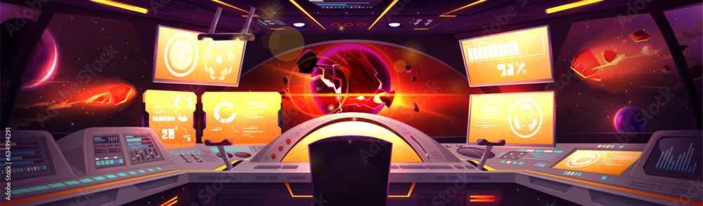Spaceship cockpit room interior cartoon vector background. Futuristic ...