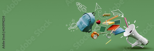 The megaphone announces the beginning of school. School symbols coming out from the megaphone on green background with copy space. 3D Rendering, 3D Illustration photo