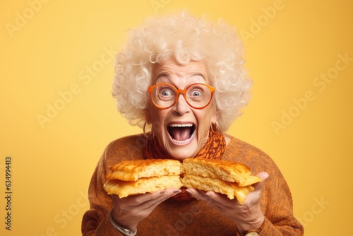 Happy Old Woman Holds Grilled Cheese Sandwich On White Background