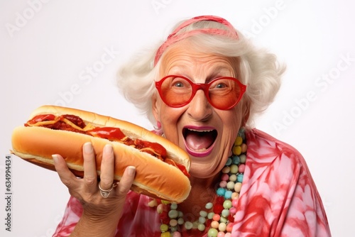 Happy Old Woman Holds Hot Dog On White Background