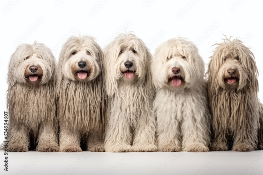 Komondor Family Foursome Dogs Sitting On A White Background