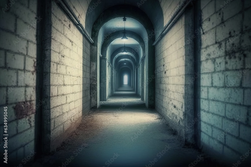 A long corridor in the old prison. A gloomy interior with shabby walls. A dilapidated, abandoned building, a dreadful, hopeless backdrop. AI generated A long corridor in the old prison. A gloomy interior with shabby walls. A dilapidated, abandoned building, a dreadful, hopeless backdrop. AI generated