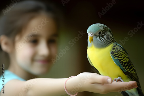 Fotografia Cute budgie chick on the hand of little girl