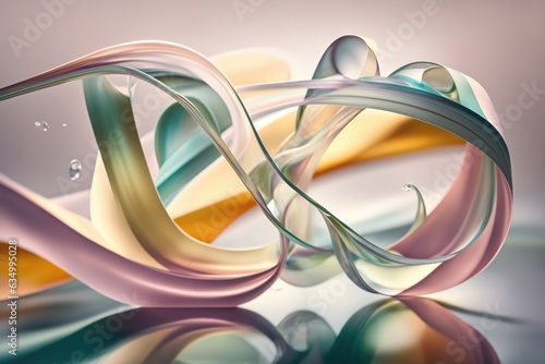 An abstract background of a strip of fabric floating in the air. Winding waves of pastel colors. Generated by AI.