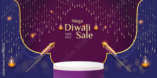 Diwali sale banner template with podium and diwali elements