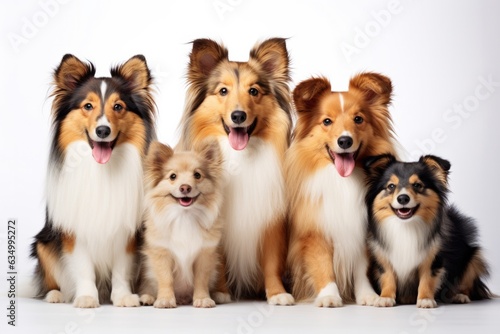 Shetland Sheepdog Family Foursome Dogs Sitting On A White Background