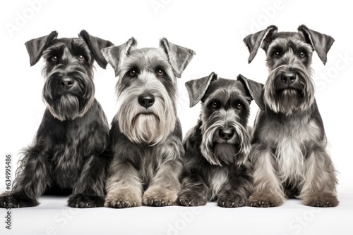 Standard Schnauzer Family Foursome Dogs Sitting On A White Background