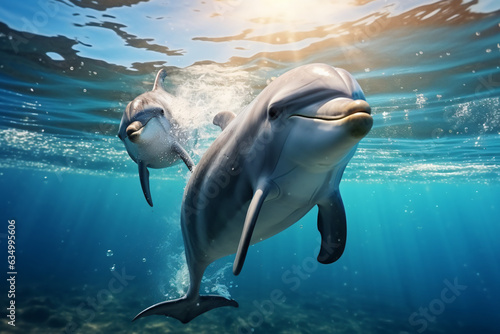 dolphins swim in the ocean photo