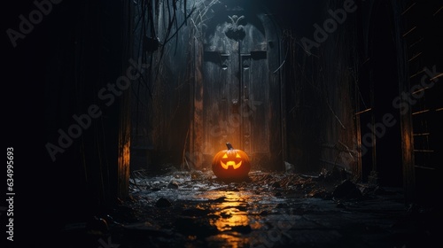 Pumpkin in an abandoned house with cobwebs and candlelight creating a ghostly atmosphere