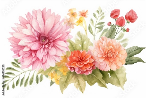 Illustration of small roses, gerberas, and mimosa useful for spring celebration cards. Generative AI