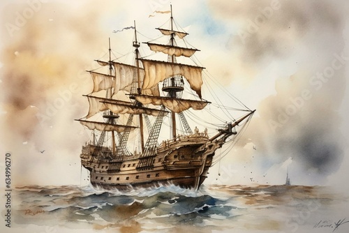 Watercolor painting of a galleon sailing on water. Generative AI