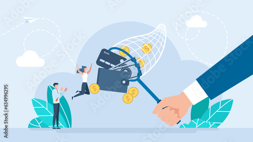 Butterfly net with money, wallet, credit card, golden coins. Catch, hunt, chase money symbol. Achieve goals, financial success, and business income of the company concept. Vector flat  illustration