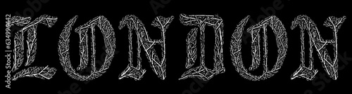 London word with branches hand drawing vector isolated on black background.