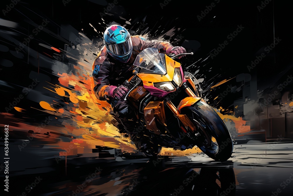 Biker in Action on a Motorcycle, grunge background, Bike Rider