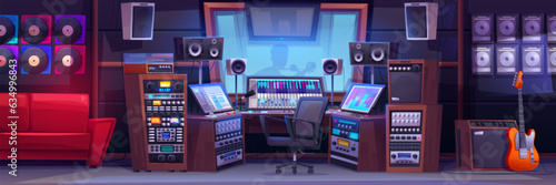 Music recording studio interior with sound production equipment. Cartoon vector illustration of producer room with singer in booth behind glass, audio mixer and loudspeakers. Professional voice mixing