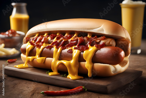 Food photography of delicious hotdog topped with melted cheese, big sausage, onions, well grilled bacon, mustard, dripping red chili relish, toasted buns, large fried French fries on background photo