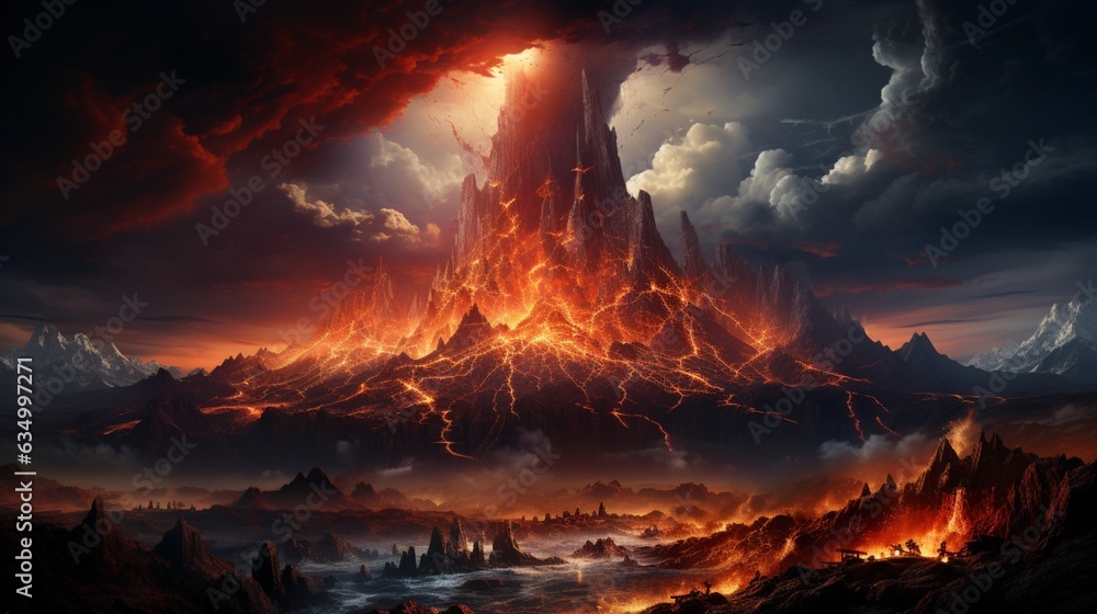 A picture of a volcano with a explosion in the center.