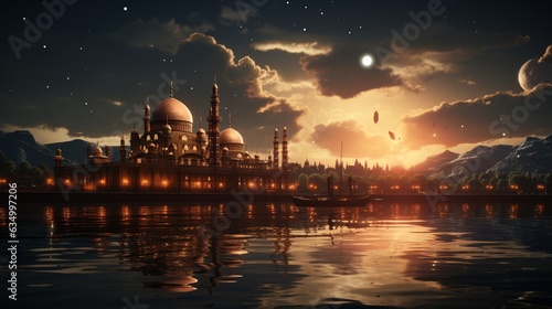 A picture of a mosque with a moon.