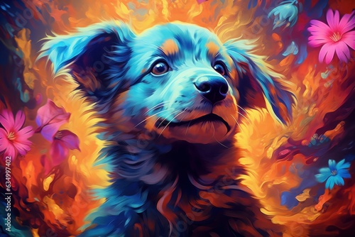 Colorful art - puppy head painted with spots splashes of paint