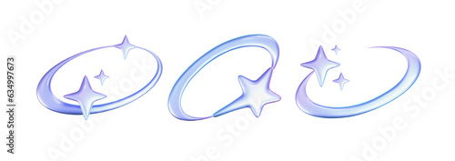 3d holographic stars and planets set in y2k, futuristic style on white background. Render 3d cyber chrome galaxy emoji with falling star, planet, bling, spark, moon. 3d vector y2k illustration.