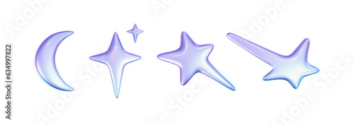 3d holographic stars set in y2k futuristic style isolated on white background. Render 3d cyber chrome galaxy emoji with falling and flying stars, blings, moon and sparks. 3d vector y2k illustration.