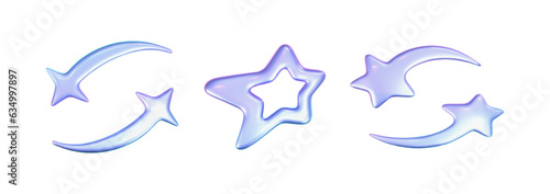 3d holographic stars set in y2k futuristic style isolated on white background. Render 3d cyber chrome galaxy emoji with falling and flying stars, blings and sparks. 3d vector y2k illustration.