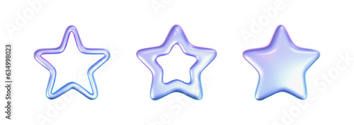 3d holographic stars set in y2k futuristic style isolated on white background. Render 3d cyber chrome galaxy emoji with falling and flying stars, blings and sparks. 3d vector y2k illustration