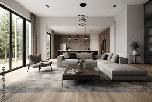 A 3D rendering of a contemporary living room inside a house. Generative AI