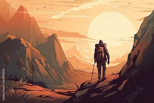 Adventurous hiker with backpack in poster style outdoor scene. Generative AI