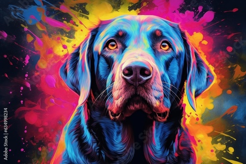 Colorful art - the head of a labrador dog painted with spots splashes of paint