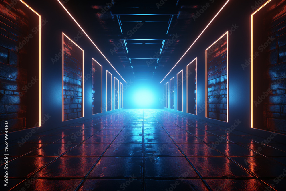 Neon-lit corridor offers endless flight, leading to a brilliant square of light. Generative AI