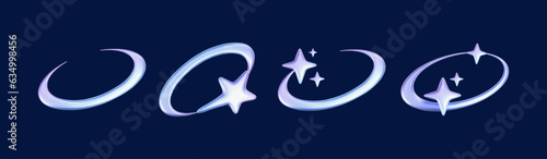 3d holographic stars and planets set in y2k, futuristic style on dark background. Render 3d cyber chrome galaxy emoji with falling star, planet, bling, spark, moon, hearts. 3d vector y2k illustration.