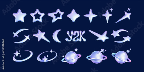 3d holographic stars and planets set in y2k, futuristic style on dark background. Render 3d cyber chrome galaxy emoji with falling star, planet, bling, spark, moon, hearts. 3d vector y2k illustration. © janevasileva