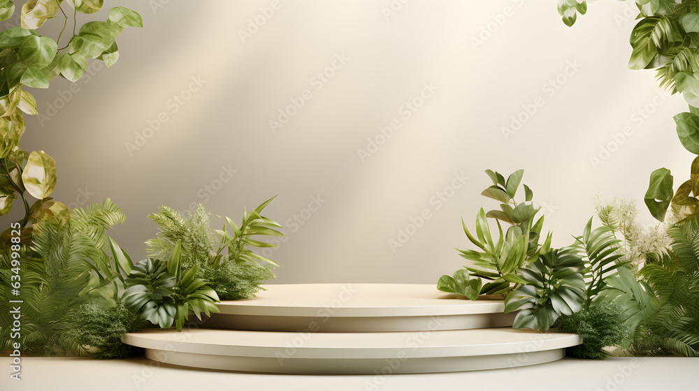 Round podium and pedestal stand platform for display product in flowers leaves and tree plants of Nature, 3d render illustration, Generative AI