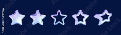 3d holographic stars set in y2k futuristic style isolated on dark background. Render 3d cyber chrome galaxy emoji with falling and flying stars, blings and sparks. 3d vector y2k illustration.