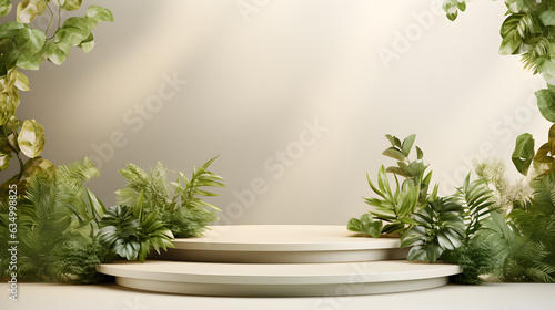 Round podium and pedestal stand platform for display product in flowers leaves and tree plants of Nature, 3d render illustration, Generative AI © rabbizz77