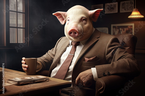 Portrait of a sitting pig in a business suit in an office, high resolution wallpaper.