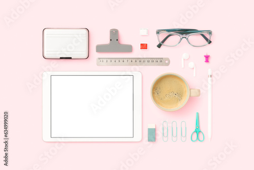 Things on my desk flat lay, dital tablet mockup with stationery photo