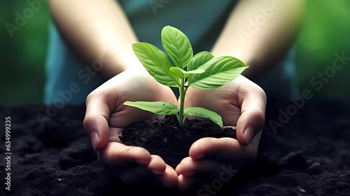 Plant in hands with blurred soil background. Generative ai design concept.